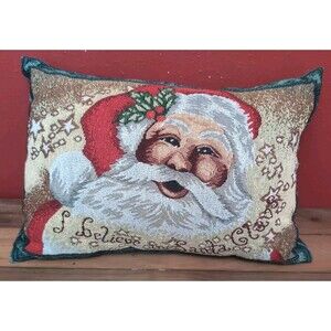 Vintage Christmas Pillow Santa Claus Believe Needlepoint Tapestry Accent Throw
